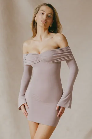 Modal-Cashmere Blend Off-Shoulder Ruched Mini Dress in Taupe Sassy Pop