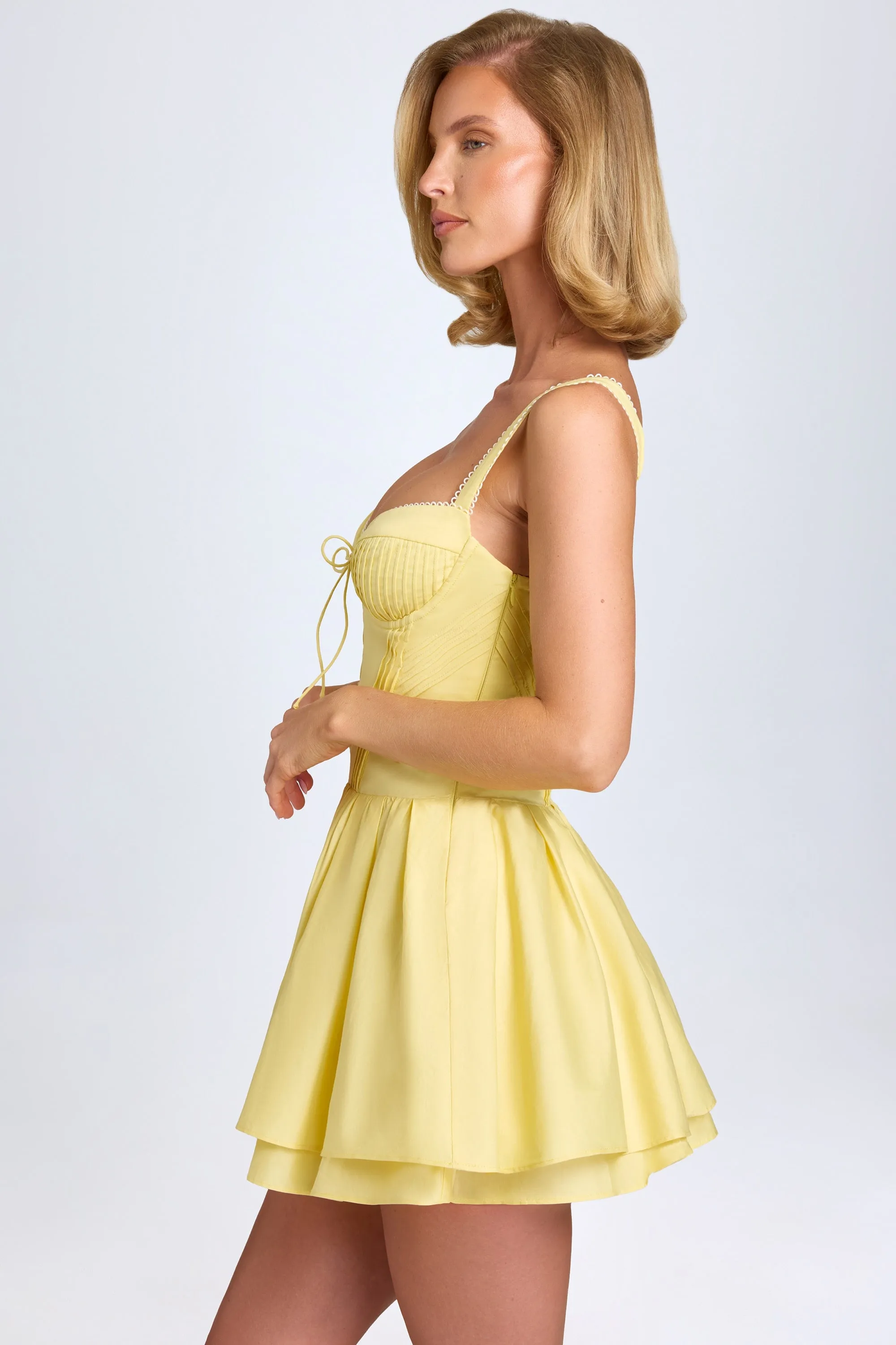 Pintucked Lace-Up Corset Mini Dress in Pastel Yellow Bohemian style