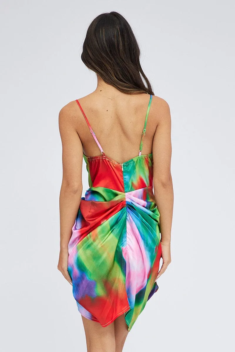 Sophisticated Comfort Flattering dress for all body shapes Multi Print Mini Dress Ruched Ombre Cowl Neck Satin