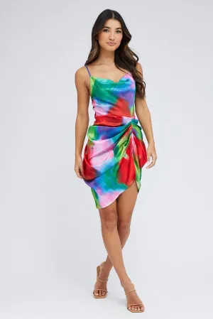 Chic Choices Daywear Option Multi Print Mini Dress Ruched Ombre Cowl Neck Satin
