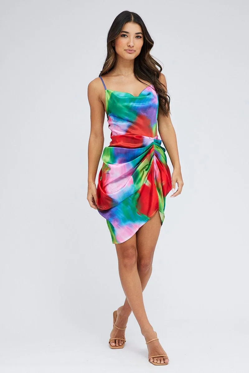 Chic Choices Daywear Option Multi Print Mini Dress Ruched Ombre Cowl Neck Satin
