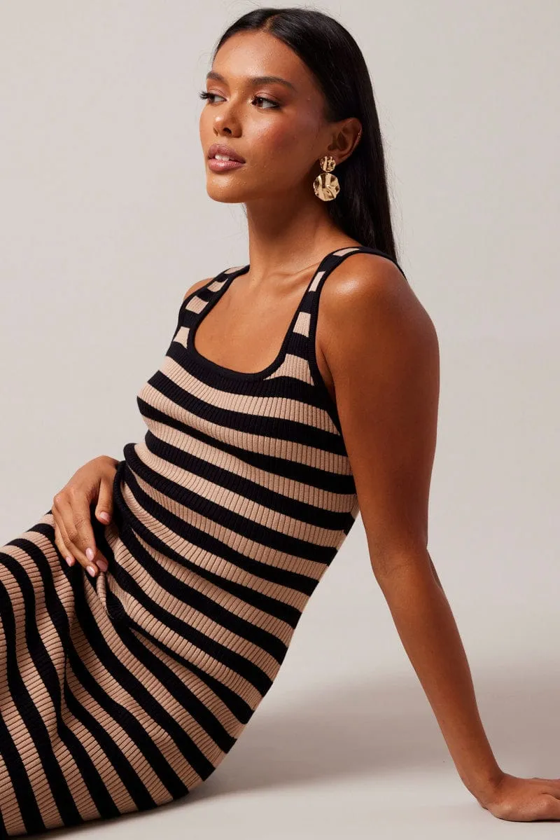 Beige Stripe Knit Midi Dress Sleeveless Scoop Neck Bodycon Rib Contemporary Fashion
