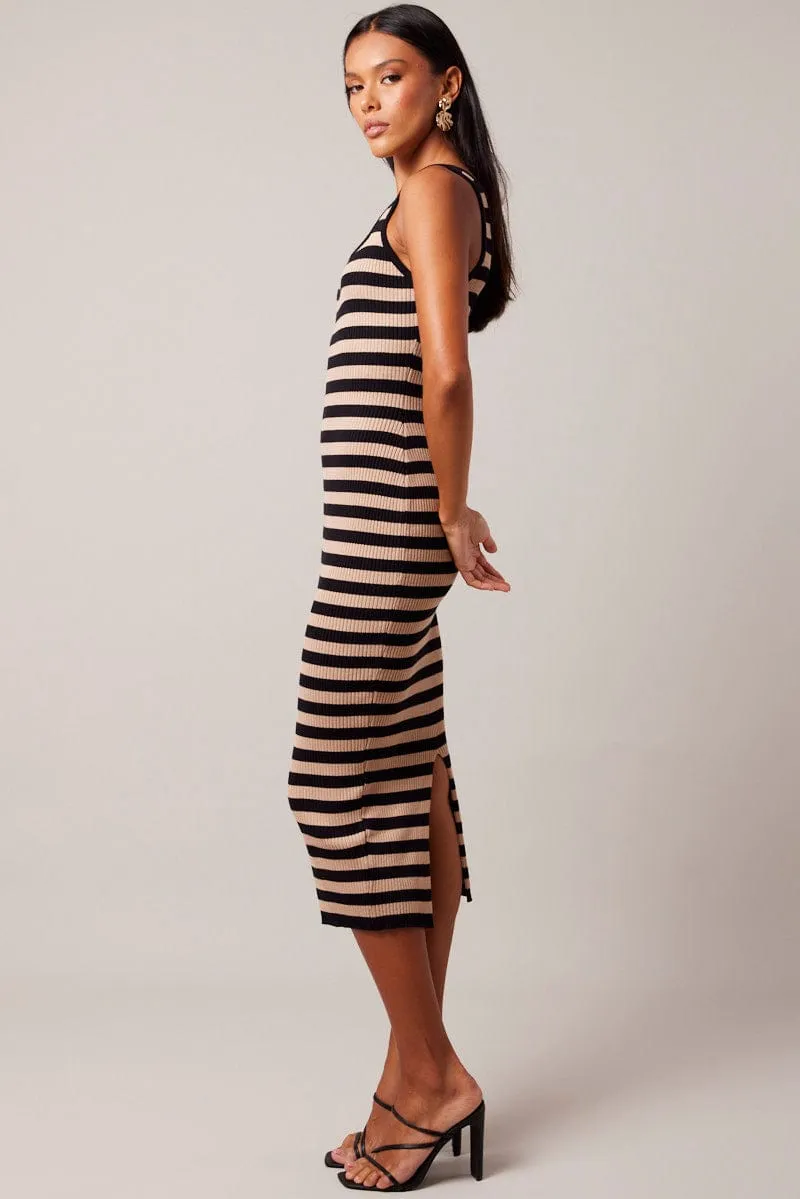 Beige Stripe Knit Midi Dress Sleeveless Scoop Neck Bodycon Rib Pearl Soft