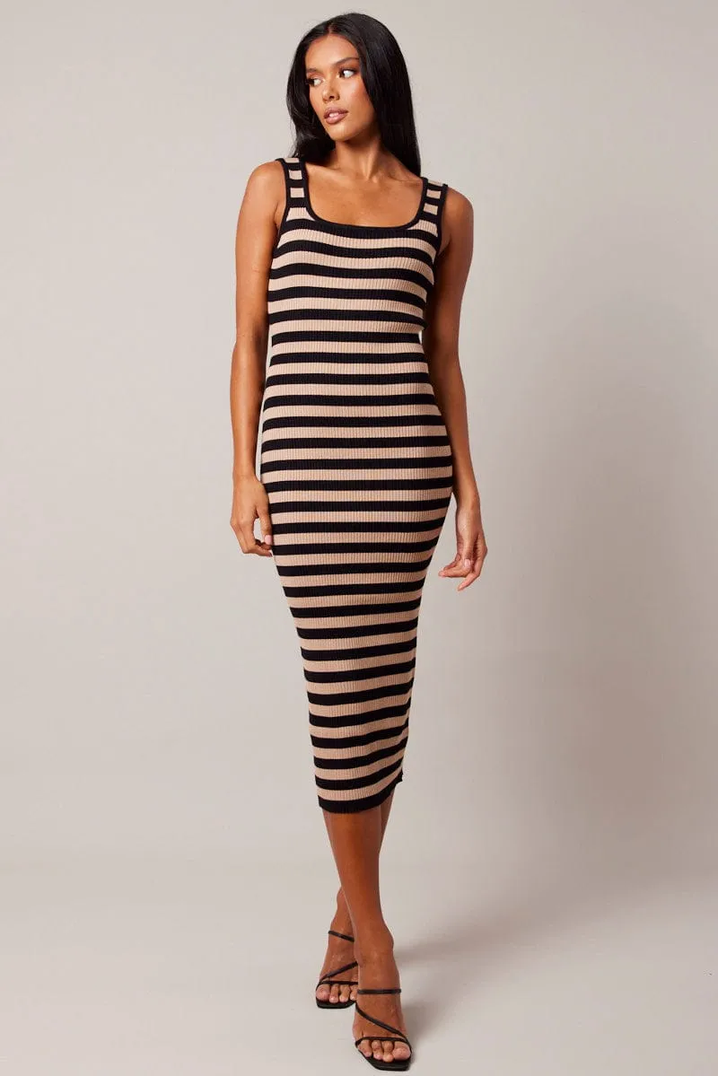 Polished Wardrobe Beige Stripe Knit Midi Dress Sleeveless Scoop Neck Bodycon Rib