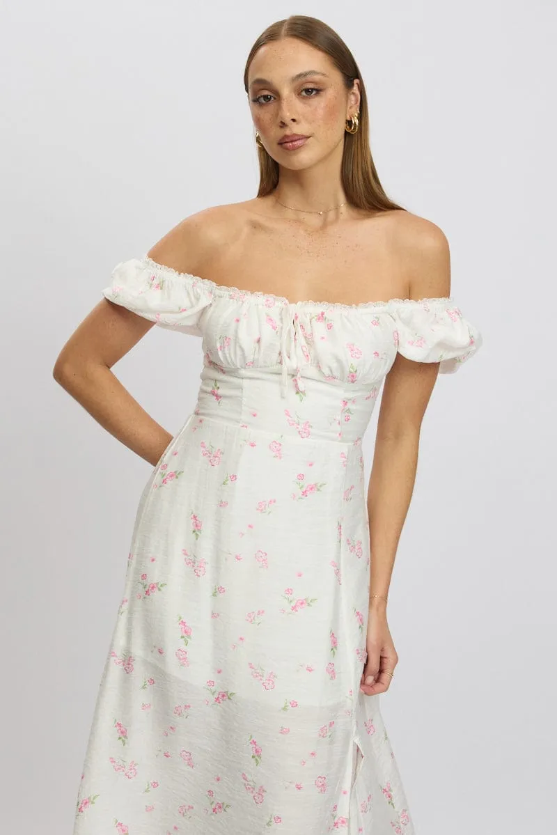 Classic event dress Polished Look Pink Ditsy Midi Dress Short Sleeve Side Split