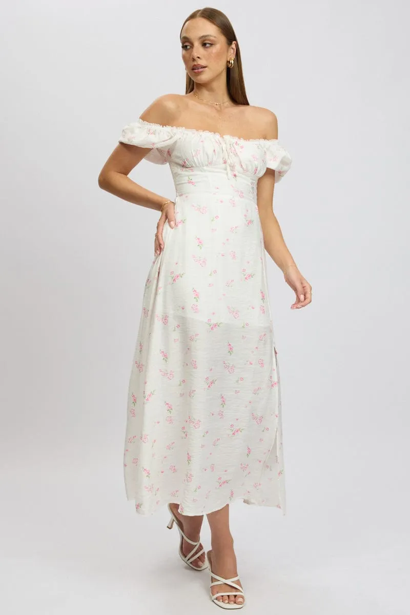 Pink Ditsy Midi Dress Short Sleeve Side Split Emerald Glow