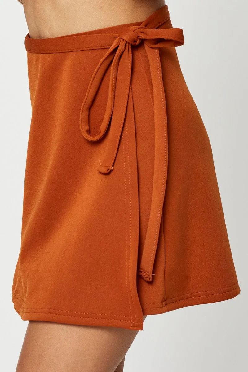 Brown Satin Wrap Mini Skirt ruffle trim Bold Mood