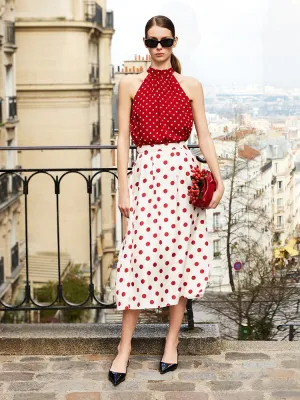 Side Slit 16 Momme Mulberry Silk Polka Dots Print Women Half Skirt
