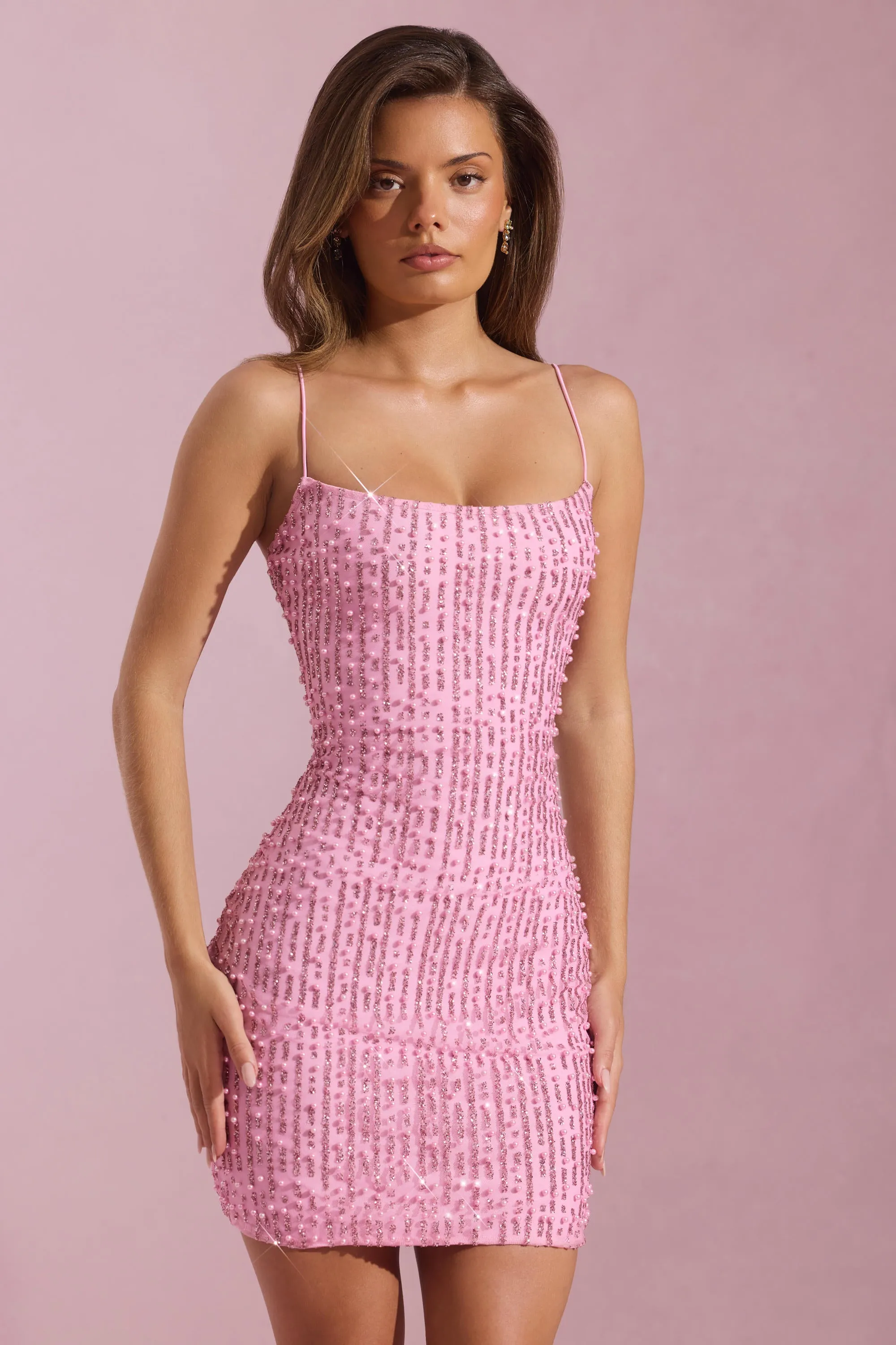 Fun Edge Embellished Scoop-Neck Bodycon Mini Dress in Pink