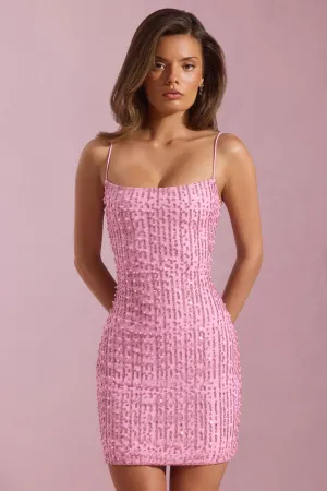 Shiny Tone Embellished Scoop-Neck Bodycon Mini Dress in Pink
