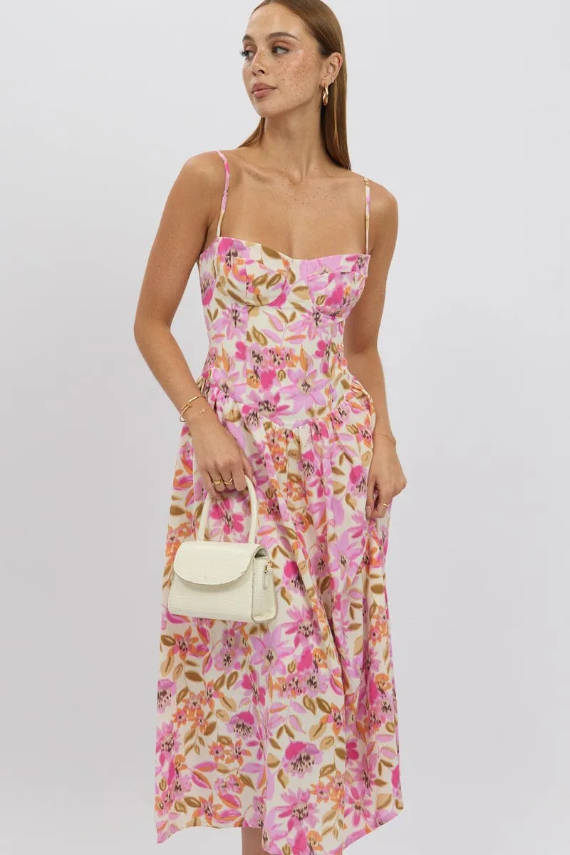 Multi Floral Midi Dress Corset Detail Trendy Style
