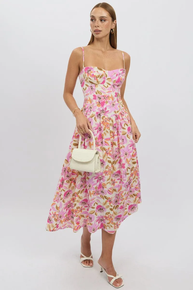 Multi Floral Midi Dress Corset Detail New Yorker Casual weekend midi