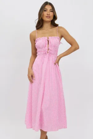 Pink Check Midi Dress Ribbon Detail Strappy Elegant Layers Coffee Break