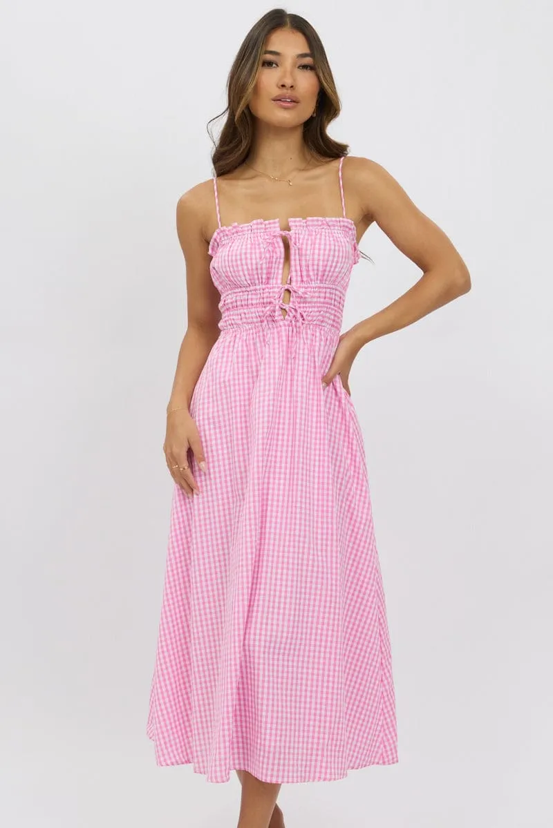 Pink Check Midi Dress Ribbon Detail Strappy Elegant Layers Coffee Break