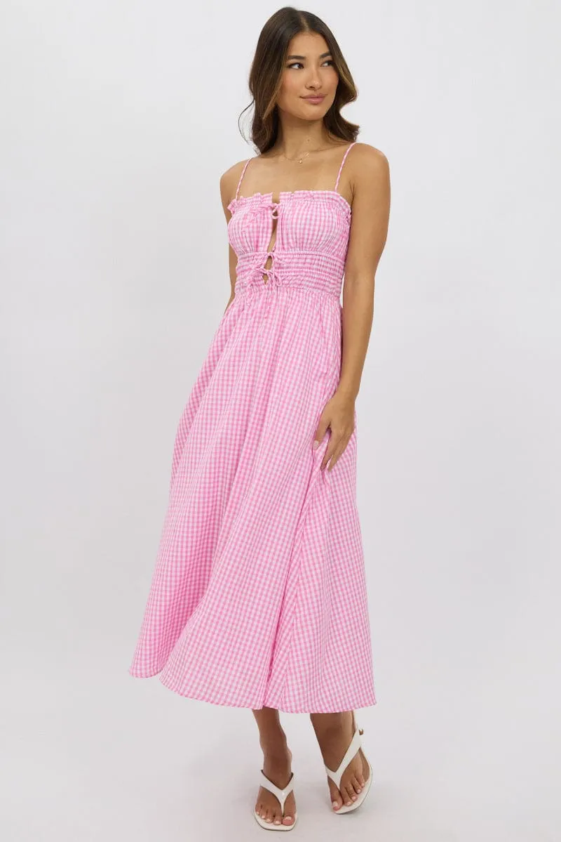Bird Call Pink Check Midi Dress Ribbon Detail Strappy