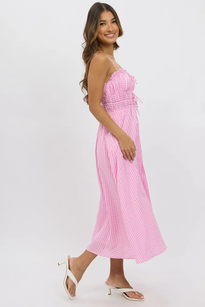 Pink Check Midi Dress Ribbon Detail Strappy Classic Comfort
