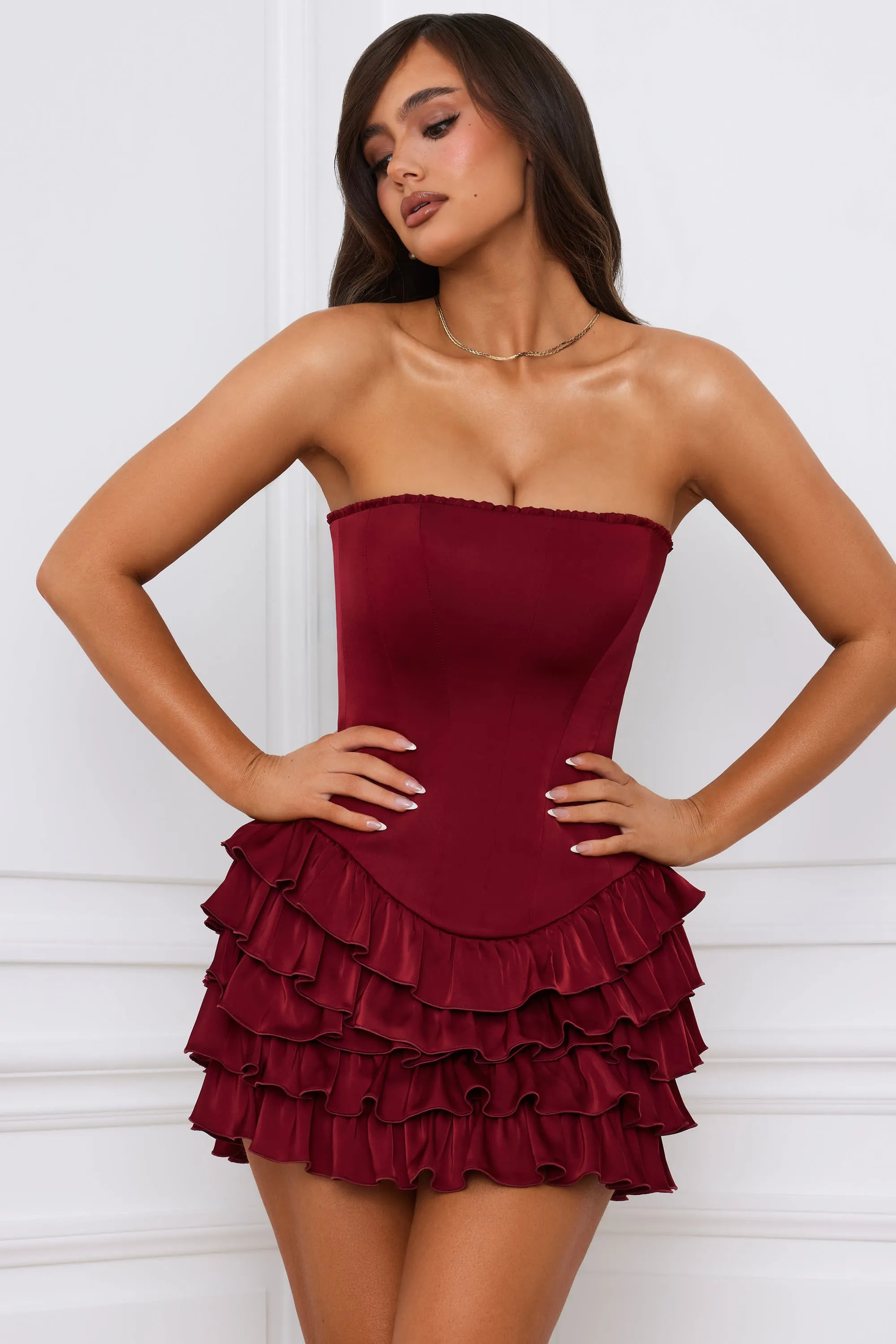 Bandeau Ruffled Tiered Corset Mini Dress in Berry Red Elasticized Waistband Shine Glow