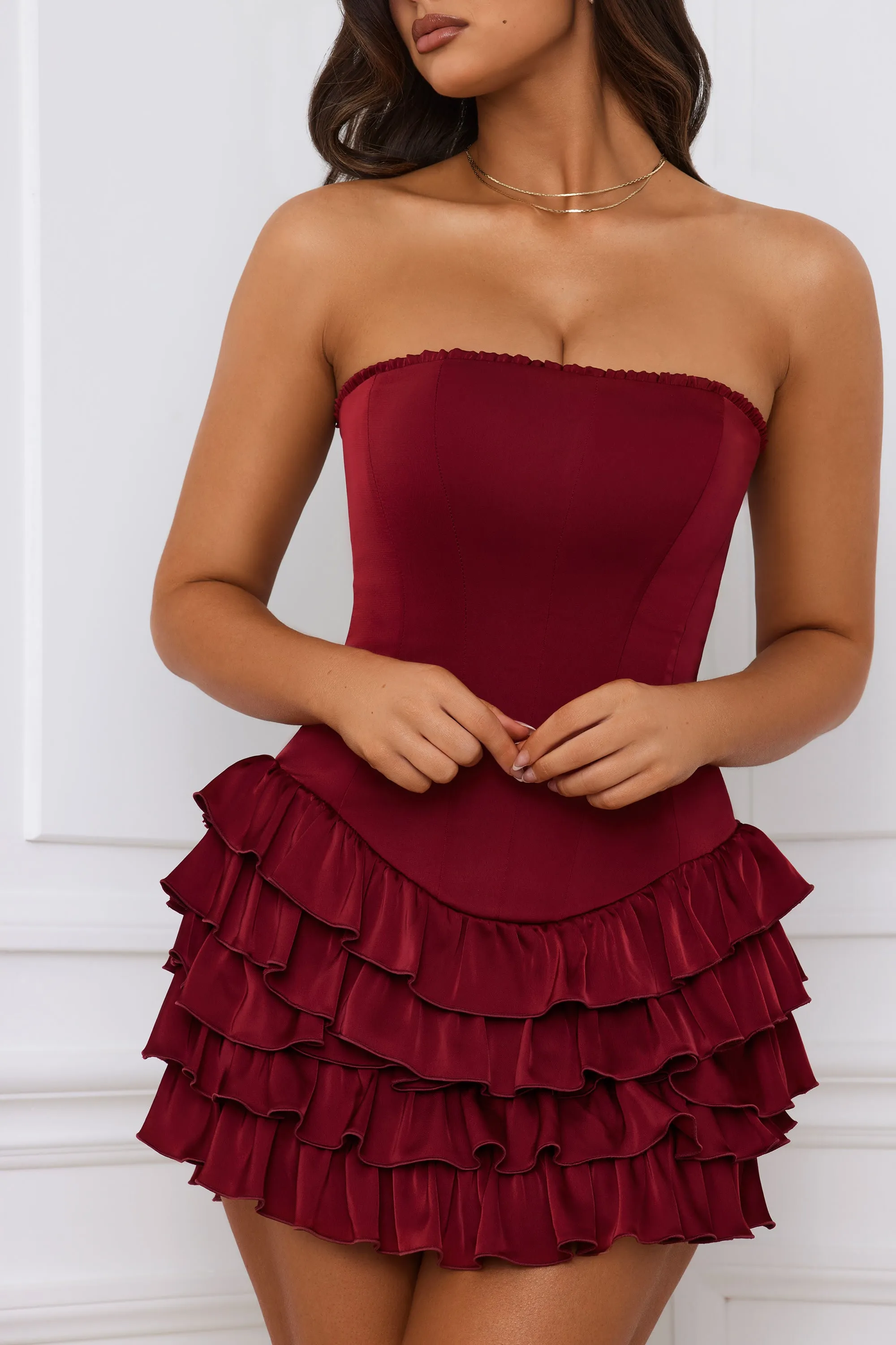 Shine Glow Bandeau Ruffled Tiered Corset Mini Dress in Berry Red