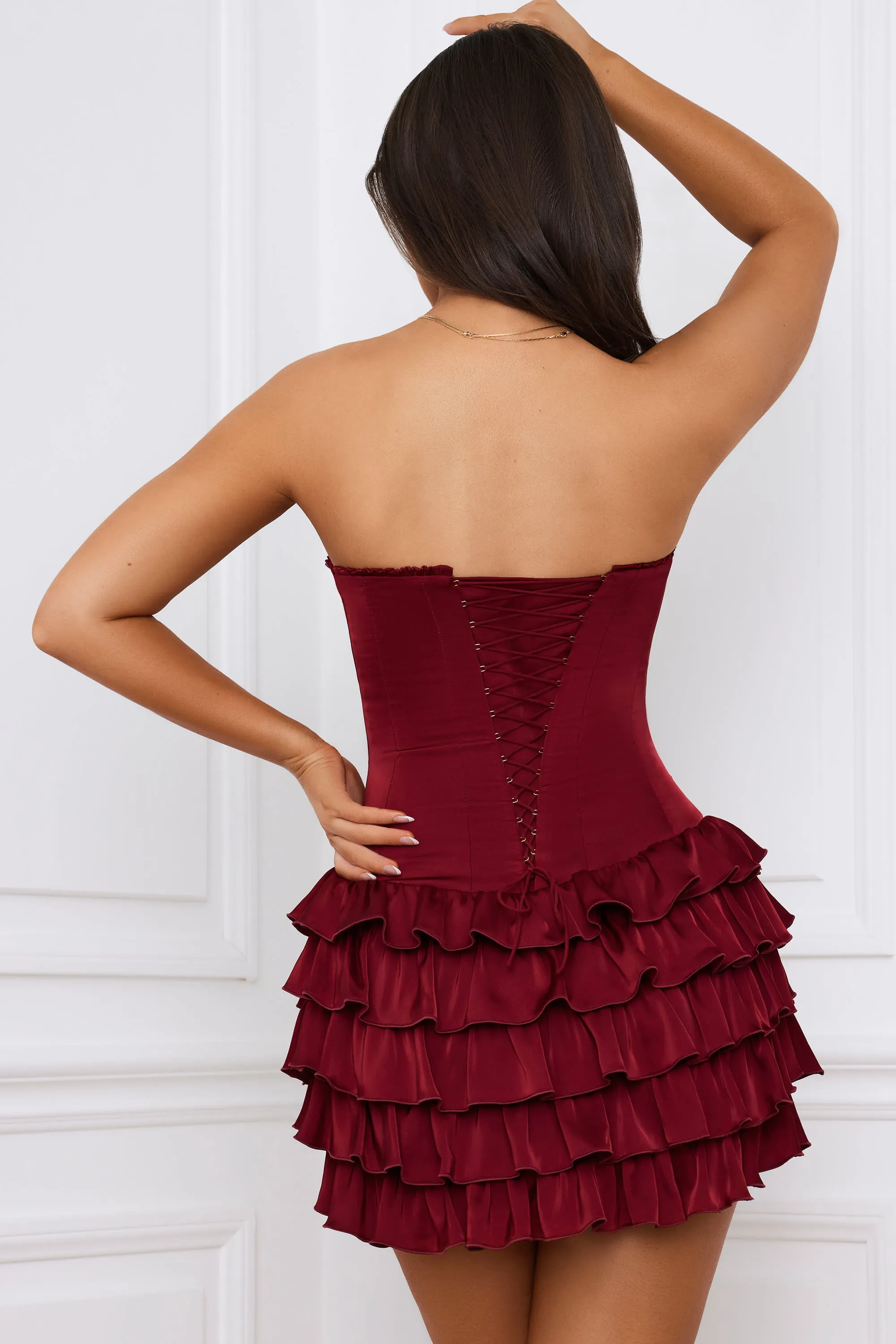 Boho Look City Look Bandeau Ruffled Tiered Corset Mini Dress in Berry Red