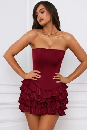 Bandeau Ruffled Tiered Corset Mini Dress in Berry Red Elasticized Waistband Shine Glow