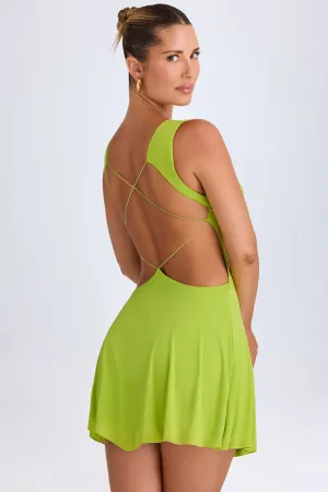 Diagonal Draping Effect Floral Look Plunge Cut-Out Mini Dress in Lime Green