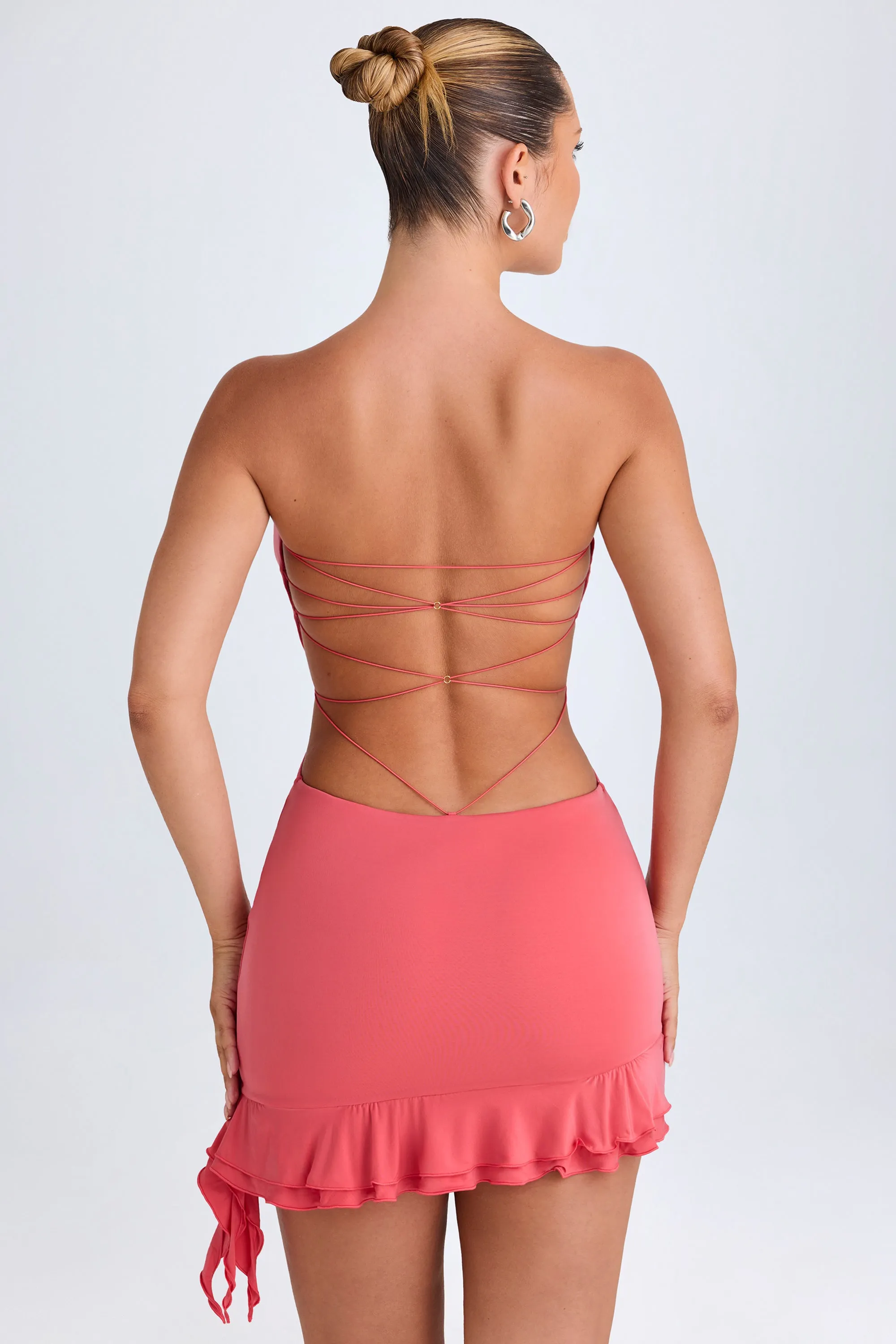 Pop Fresh Ruffle-Trim Cut-Out Bandeau Mini Dress in Coral