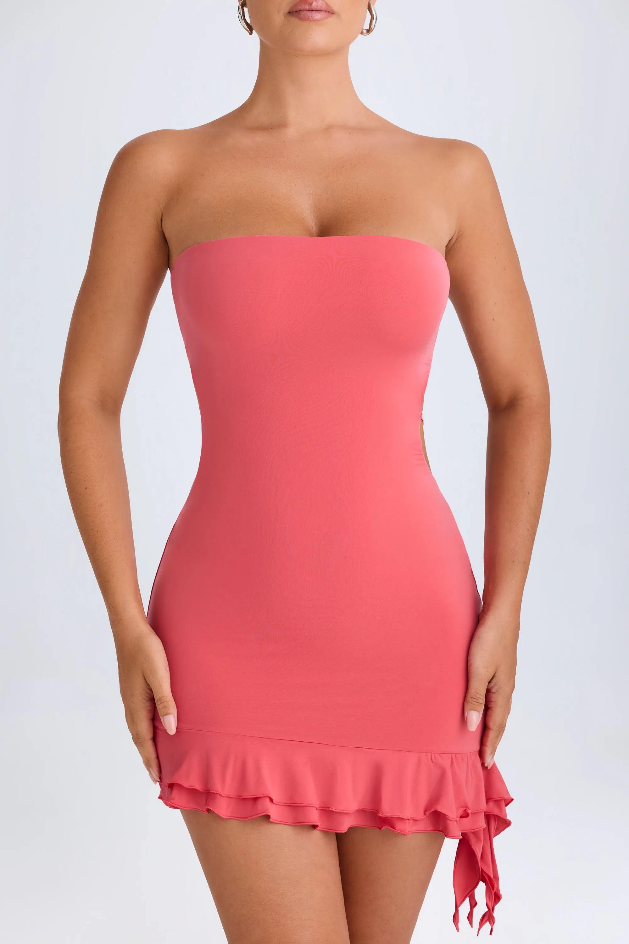 Ruffle-Trim Cut-Out Bandeau Mini Dress in Coral Non Restrictive