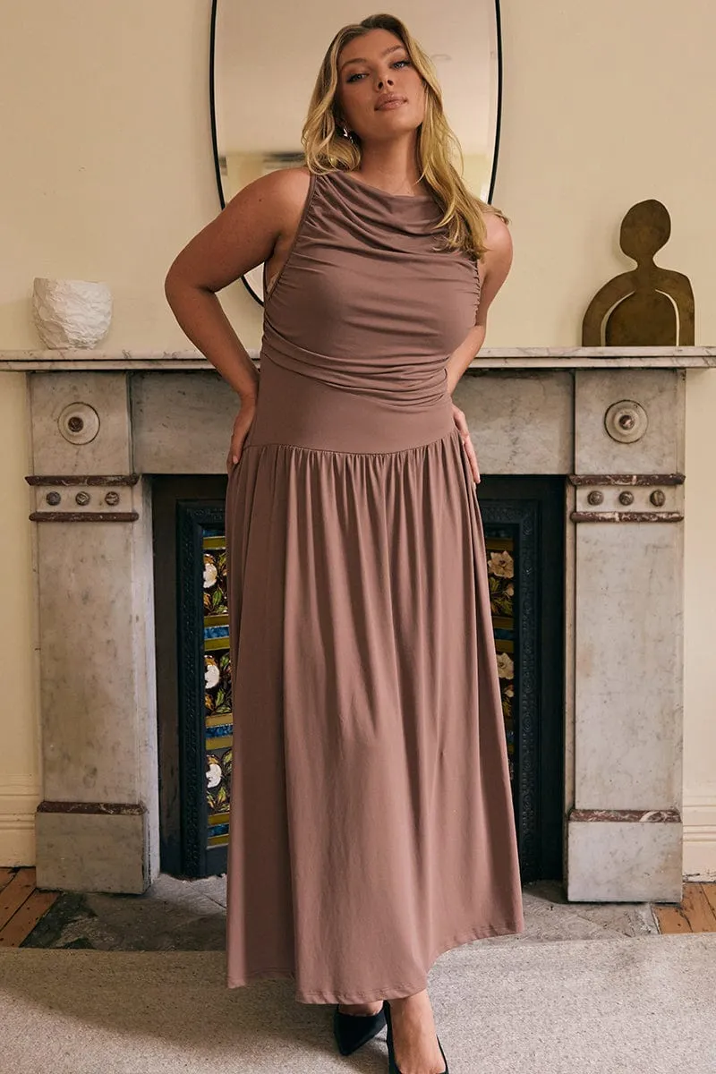 Cozy evening dress Beautiful event maxi Brown Maxi Dress Sleeveless Ruched Jersey