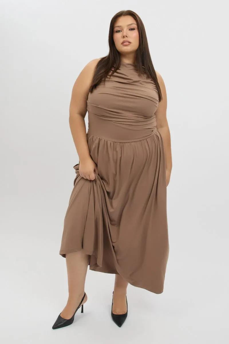 Brown Maxi Dress Sleeveless Ruched Jersey The simple design of this dress ensures that it will never go out of style Desert Light