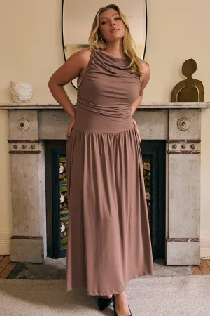 Cozy evening dress Beautiful event maxi Brown Maxi Dress Sleeveless Ruched Jersey