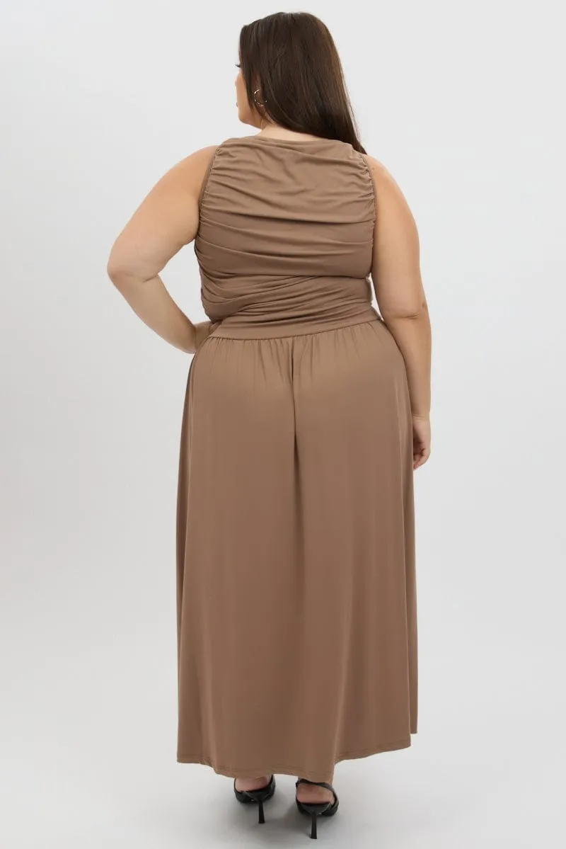 Desert Light Brown Maxi Dress Sleeveless Ruched Jersey