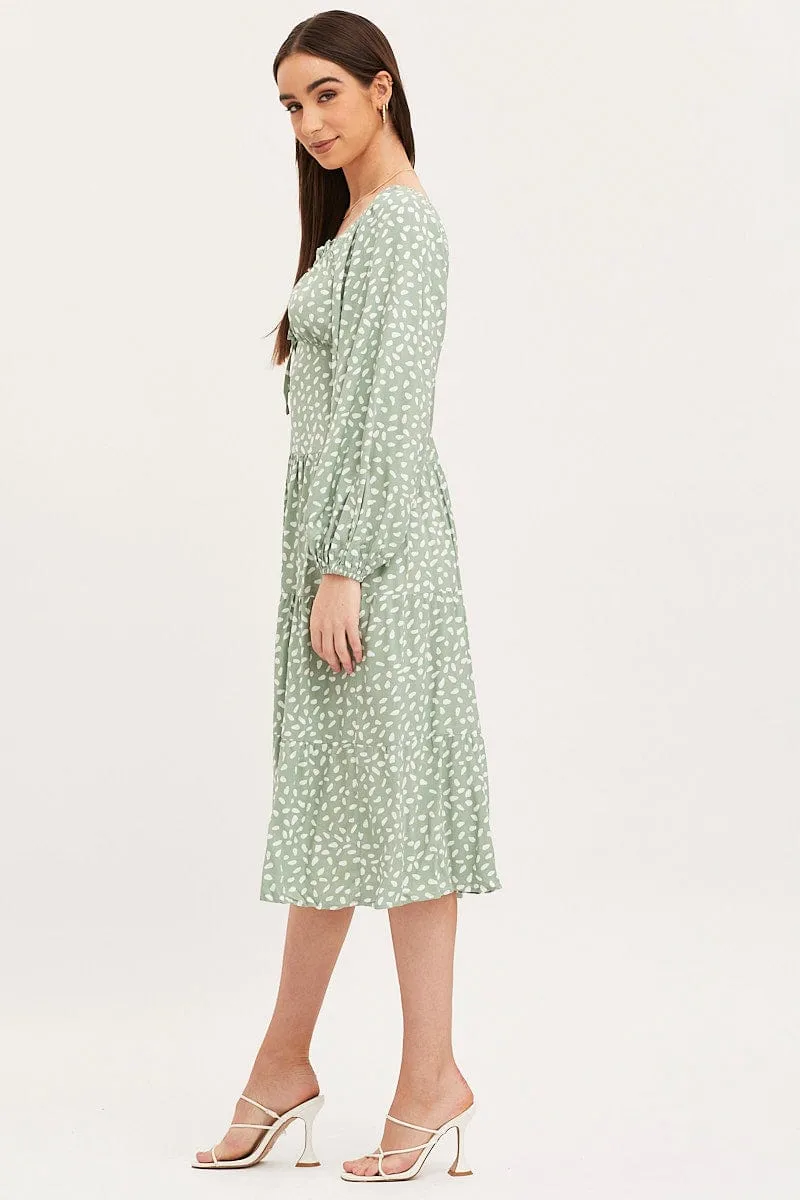 Geo Print Dress Long Sleeve Midi Trendy office attire