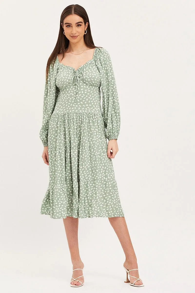 Geo Print Dress Long Sleeve Midi Coral Glow