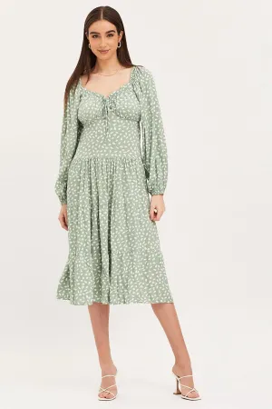 Geo Print Dress Long Sleeve Midi Coral Glow