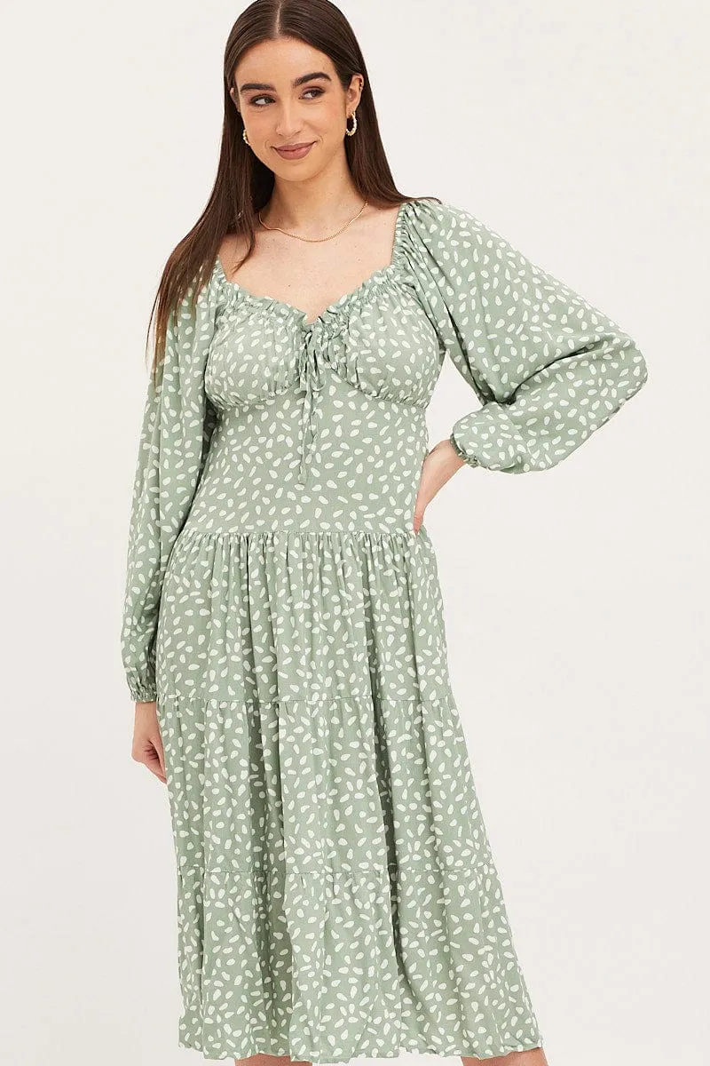 Geo Print Dress Long Sleeve Midi Flattering Cut Relaxed Appearance