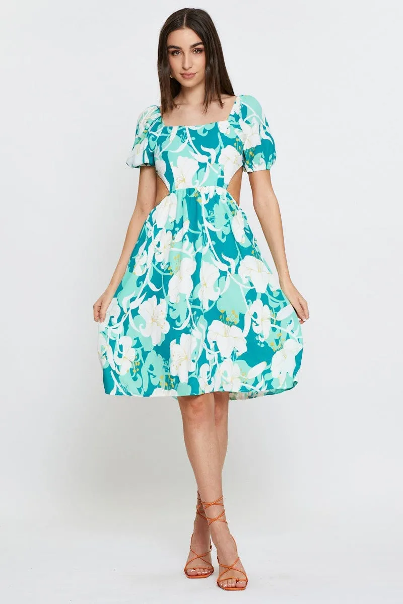 Effortless Comfort Wood Deck Print Midi Dress Ruffle Detail Skater