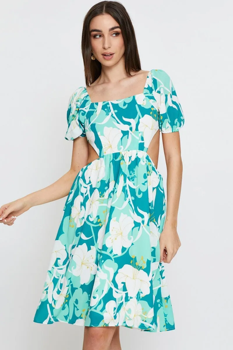 Elegant Details Effortless Comfort Print Midi Dress Ruffle Detail Skater