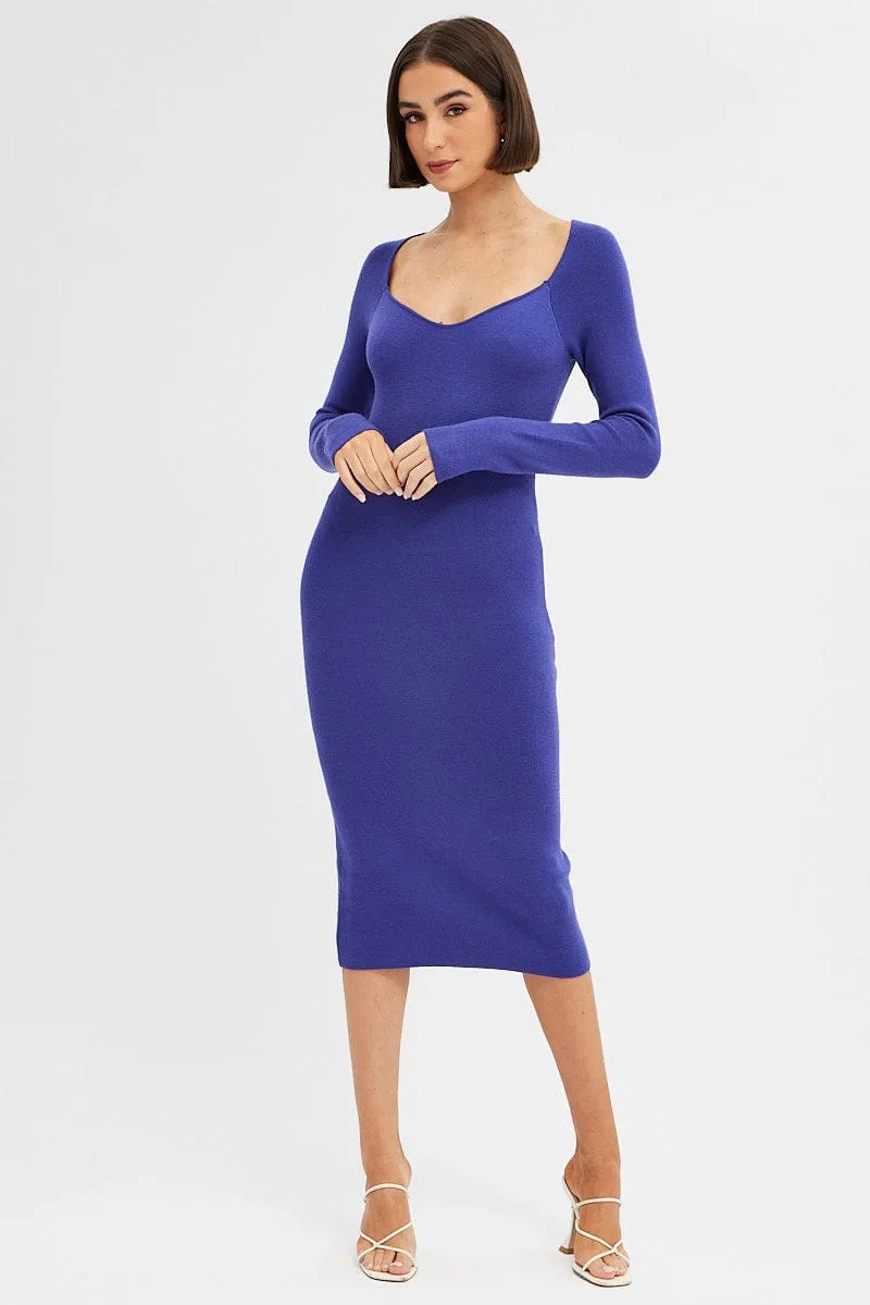 Purple Midi Dress Long Sleeve Sweetheart Neckline Knit Port Side