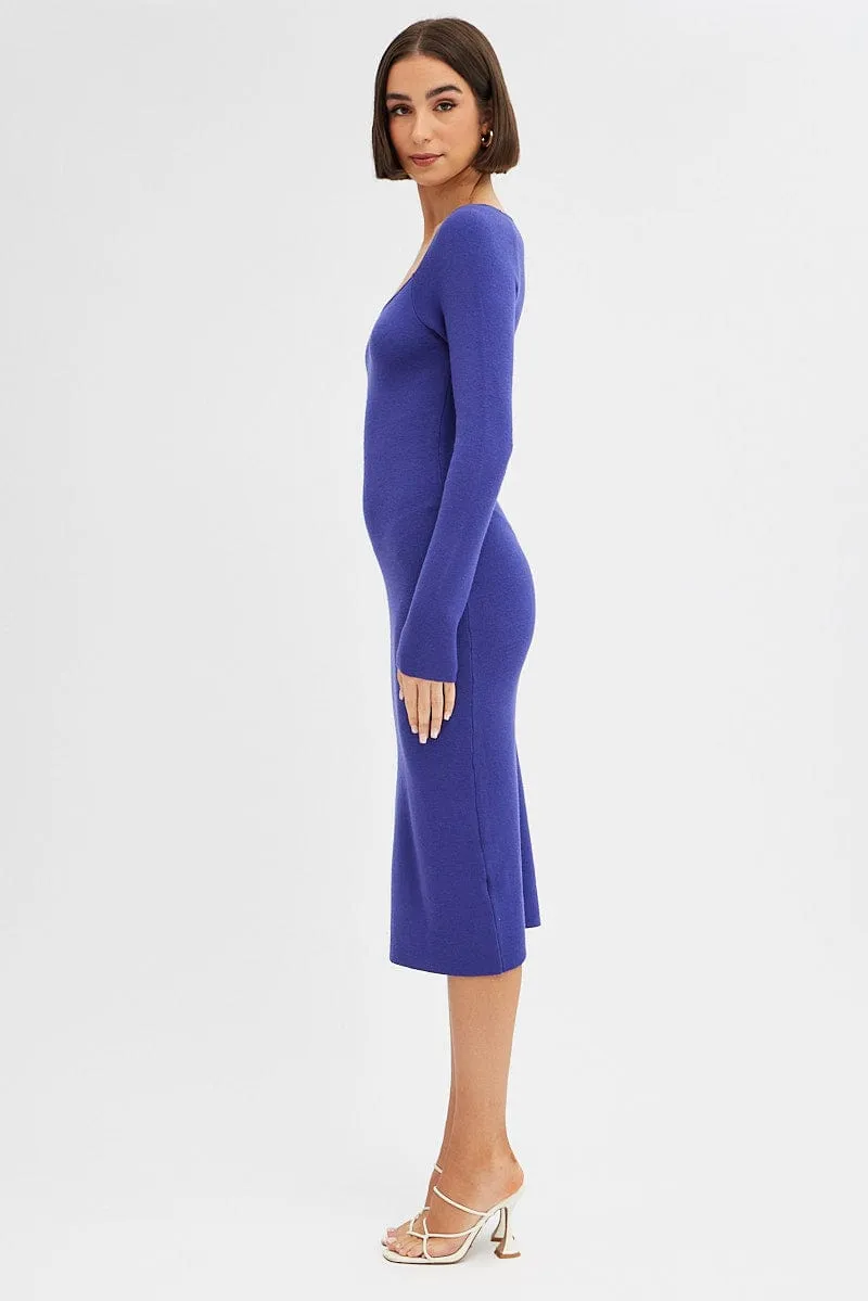 Easy Travel Fashion Statement Purple Midi Dress Long Sleeve Sweetheart Neckline Knit
