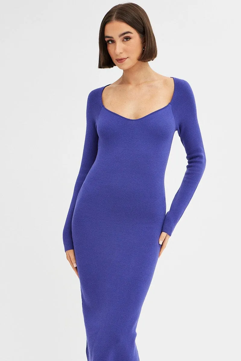 Purple Midi Dress Long Sleeve Sweetheart Neckline Knit Charming Design