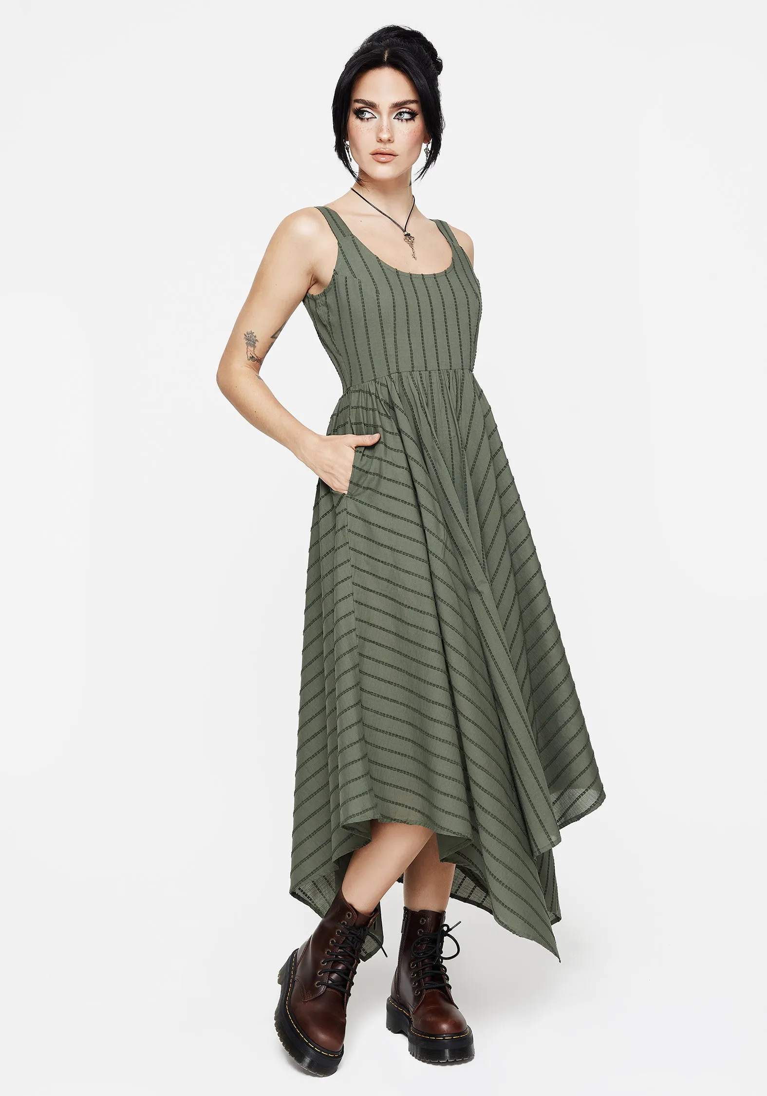 White Pure Blythe Cotton Handkerchief Hem Midaxi Dress - Green