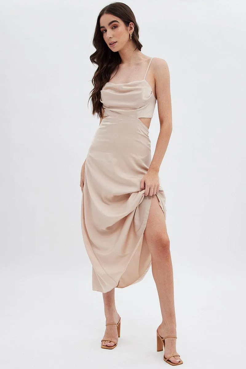 Trendy Pieces Beige Midi Dress Evening Cowl Neck