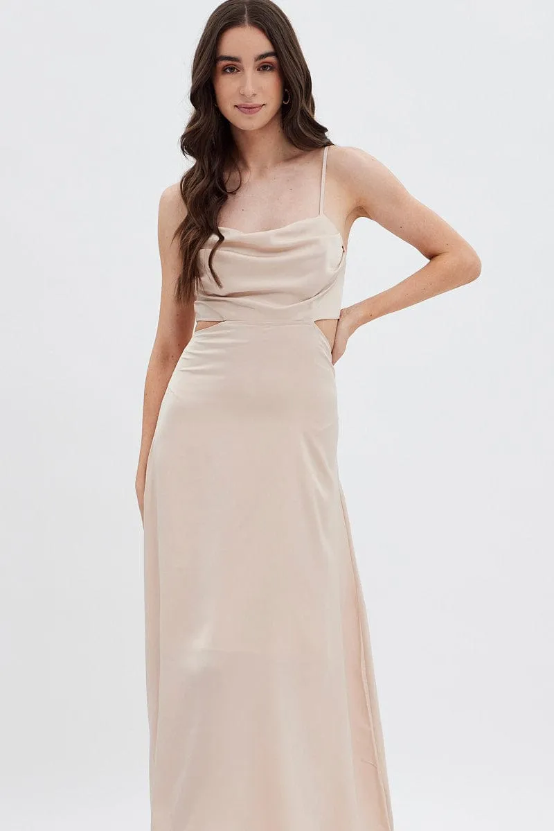 Chic Vibes Beige Midi Dress Evening Cowl Neck