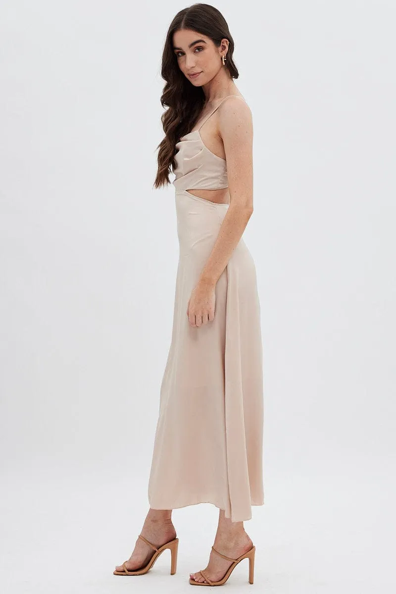 Feminine Elegance Soft Rebellion Beige Midi Dress Evening Cowl Neck