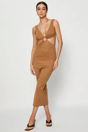 Brown Midi Dress Ribbed Cut Out Modern Style Feminine fit-and-flare style