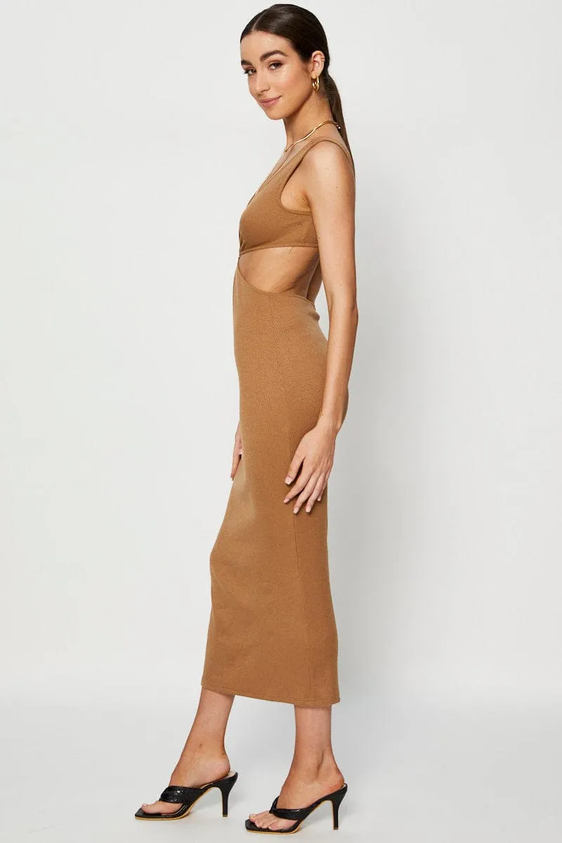 Cloud Light Brown Midi Dress Ribbed Cut Out