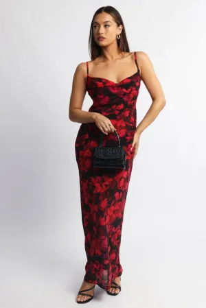 Contemporary Look Classic outdoor midi Red Floral Maxi Dress Cowl Neck