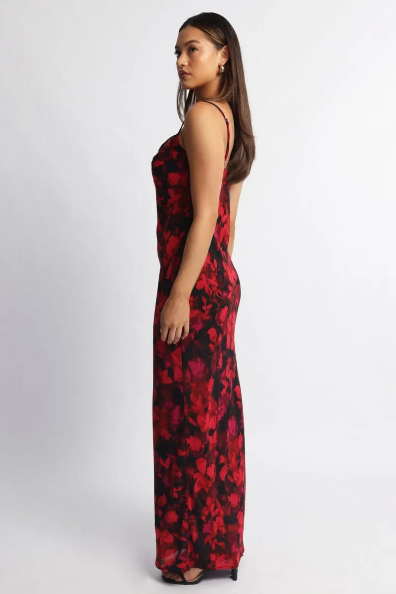 Red Floral Maxi Dress Cowl Neck family gathering