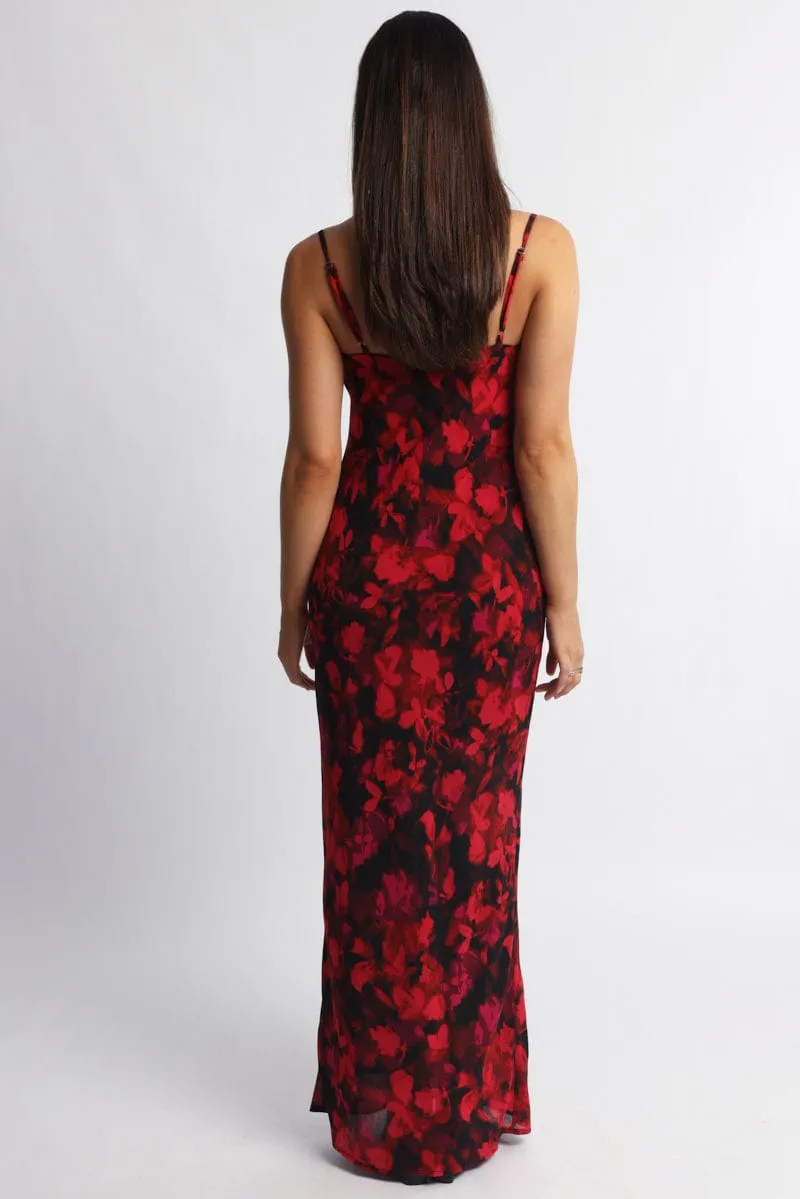 Feminine Design Red Floral Maxi Dress Cowl Neck