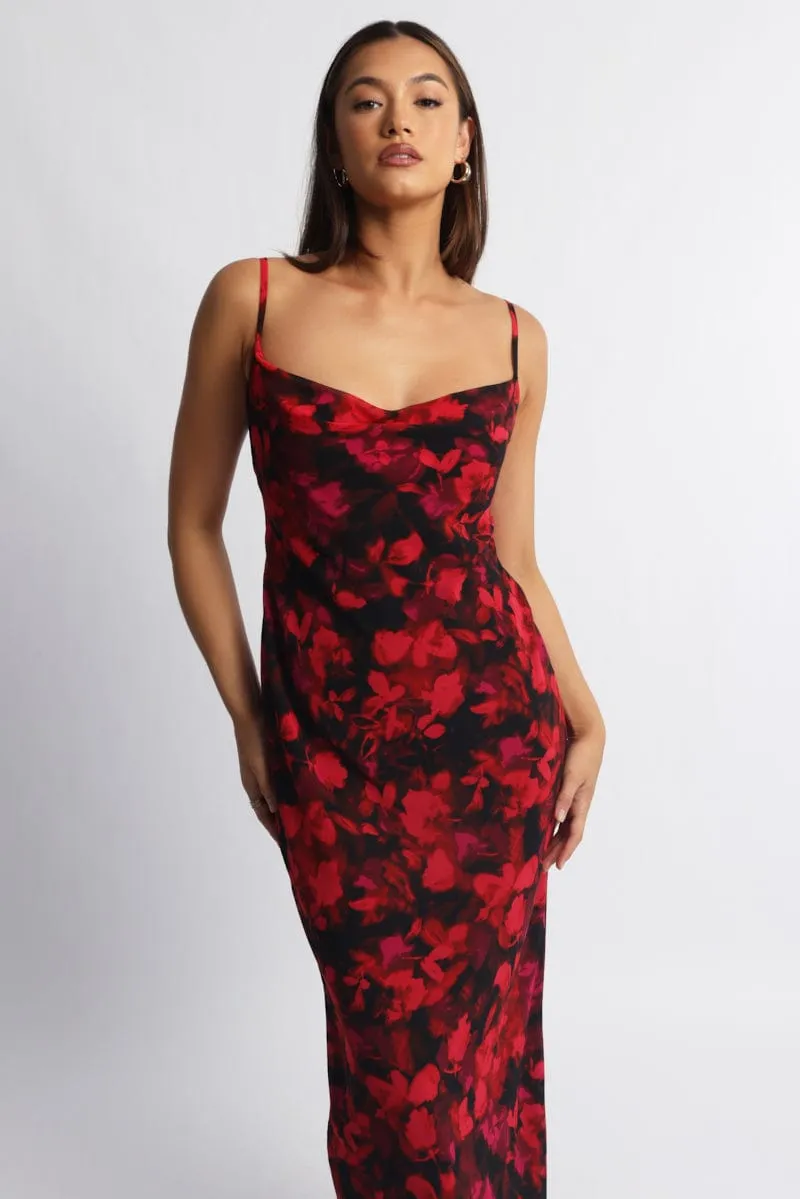 Vibrant Look Smart and Stylish Red Floral Maxi Dress Cowl Neck